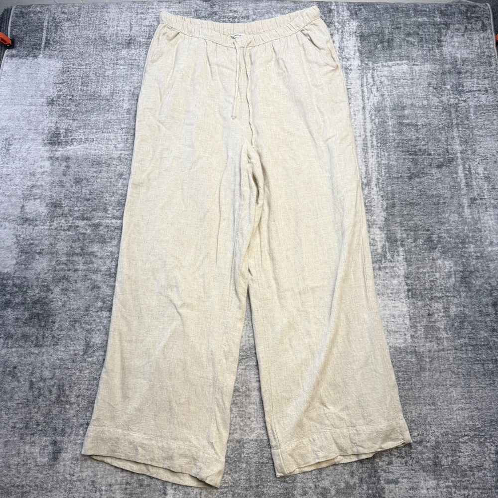American Eagle Linen Pants Women Large Beige Wide Leg Elastic Waist Beach Resort